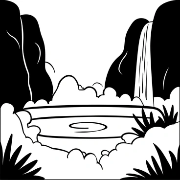 A large cascading waterfall flows down rocky cliffs into a pool below. The water from the waterfall splashes into the pool, creating ripples. Surrounding the glowing pool, there is a thick ethereal mist that rises from the water’s surface. Tall rocks frame the pool, while ferns and greenery are visible along the edges. The mist billows softly, enhancing the mysterious atmosphere of the scene.