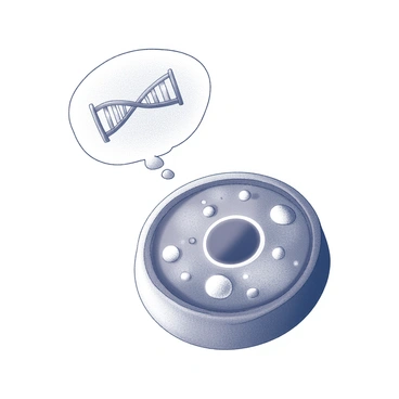 A detailed illustration of a cell showcases its distinct structure, featuring a double-layered membrane, cytoplasm, and various organelles clearly defined within. A prominent thought bubble emerges from the cell, illustrating "DNA wrapped in histones," depicted as a helical structure intricately coiled around proteins. The DNA is represented with visible segments, and the histones are shown as spherical shapes closely associated with the DNA strands, conveying the concept of chromatin organization within the cell.