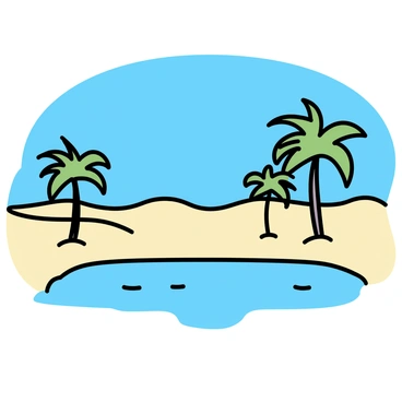 A vast desert landscape stretching out under a bright blue sky. In the center, there is a clear, calm pool of water reflecting the sunlight. Surrounding the pool, several tall palm trees with lush green fronds create a shaded area. The sandy terrain is light beige, contrasting with the vibrant green of the palm trees and the deep blue of the water.