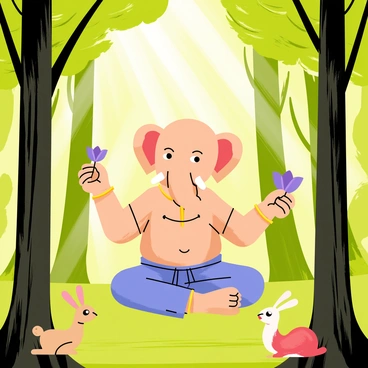 A cartoon-style illustration of Ganesha, a large elephant-headed figure, sitting cross-legged in a dense forest. Ganesha is depicted with a calm expression, holding a lotus in one hand and a sweet treat in the other. The forest is full of tall, lush green trees with thick trunks and vibrant foliage. Rays of sunlight filter through the canopy, creating dappled patches of light on the forest floor. Small animals, like a rabbit and a bird, can be seen nearby, adding to the lively atmosphere of the scene.