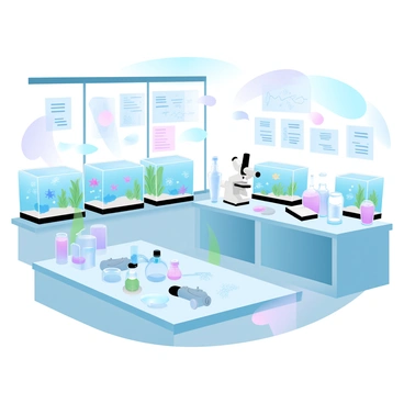A marine biology laboratory is filled with various aquariums housing colorful fish and marine plants. The aquariums are arranged along the walls, showcasing different aquatic ecosystems. In the center of the laboratory, there are several research instruments, including microscopes, water testing kits, and note-taking materials. The workbenches are cluttered with marine specimens in glass containers. Large windows allow natural light to illuminate the space, enhancing the vibrant colors of the marine life within the aquariums. Brightly colored charts and diagrams related to marine biology are pinned on the walls.