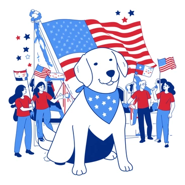 A white dog is wearing a blue bandana decorated with red and white stars. The dog is sitting proudly in front of a large flag that features bold stripes and a starry field. Around the dog, there are people in the background holding flags and wearing red, white, and blue clothing, celebrating the occasion. The atmosphere is lively with decorations of stars and stripes adorning the area, creating a festive environment for the Veterans Day celebration.