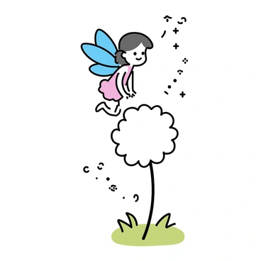 A small fairy with delicate wings, shimmering in subtle colors, is perched on a white dandelion puff. The dandelion puff is fluffy and round, with its tiny seeds gently blowing in the wind. The fairy has a playful expression and is poised to take flight, with her feet slightly lifted off the fluffy surface. The background features hints of green grass and soft pastel colors, enhancing the scene's light and airy feel.