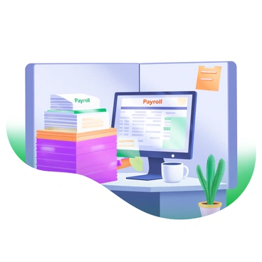 A modern pastel illustration of an office cubicle featuring stacks of paperwork labeled "Payroll" in different sizes. A sleek computer monitor sits on the desk, displaying a spreadsheet. The cubicle is surrounded by a soft divider with a few colorful sticky notes attached. A coffee mug rests on the desk beside the paperwork, and a potted plant adds a touch of green to the scene.