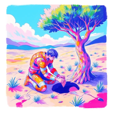 A titan with a muscular build and intricate armor is kneeling in a barren land. The titan is carefully planting a massive tree with a thick trunk and lush green foliage. The barren ground is cracked and dry, contrasting with the vibrant colors of the tree. The titan's expression is focused and gentle as he digs a hole in the earth. Surrounding the scene, small sprouts of grass appear, hinting at new life. The sky is a mix of soft blues and gentle whites, creating a sense of calm around the act of planting.