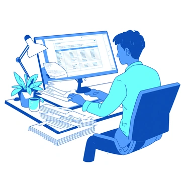 A blue office worker with short hair is sitting at a white desk, focused intently on a computer screen. The screen displays a spreadsheet filled with numerical data and invoice details. In front of the worker, there is a tall stack of white invoices, some partially fanned out. The workspace is organized, with a white desk lamp illuminating the area, and a small potted teal plant placed to the side. A white coffee mug sits next to the stack of invoices, reflecting the busy office environment.