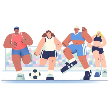 A group of athletes is depicted in action, highlighting various sports. On the left, a male runner with short black hair is sprinting on a track, wearing a red tank top and blue shorts, with determination etched on his face. In the center, a female soccer player with curly brown hair is kicking a soccer ball, dressed in a white jersey and black shorts, her expression focused. To the right, a male basketball player with a buzz cut is jumping to dunk a basketball, wearing a blue jersey and black sneakers. Behind them, a female swimmer with long blonde hair is captured in mid-stroke, wearing a black swimsuit and swim cap, with splashes of water around her. The background features a blurred stadium filled with cheering spectators, enhancing the dynamic energy of the scene.