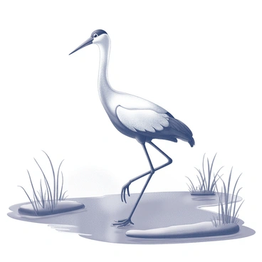 A tall crane standing in a marshland. The crane has long, slender legs and an elongated neck, with its feathers appearing fluffy and textured. Surrounding the crane are patches of tall grass and reeds, bending slightly in a gentle breeze. The ground is soft and muddy, with shallow water reflecting the outline of the crane. A faint mist hovers over the landscape, adding an ethereal quality to the scene. The crane is positioned with its head turned slightly, as if observing its surroundings.