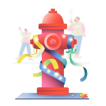 A red fire hydrant is prominently placed on a sidewalk, festively decorated with colorful lights wrapped around its body. Vibrant streamers in shades of yellow, blue, and green are draped around the base and the top of the hydrant. The surrounding area features a few scattered fallen leaves, hinting at the season. Softly glowing lights illuminate the hydrant, creating a cheerful atmosphere for the local festival. In the background, a hint of blurred shapes suggests excited festival-goers enjoying the festivities.