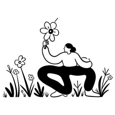 A person sneezing at the sight of a plastic flower in a meadow