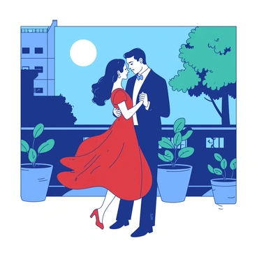A couple is dancing closely together on a balcony under the bright moonlight. The man is wearing a dark blue suit while the woman is in a flowing red dress that sways gracefully with their movements. The balcony is adorned with potted teal flowers that add a touch of color to the scene. The moon casts soft shadows on the couple as they embrace each other, lost in the moment. A gentle breeze rustles the leaves of nearby trees, completing this intimate setting.