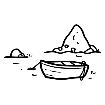 A simple old boat anchored gently in calm waters. The boat is weathered, showing signs of age with peeling paint and worn ropes. Nearby, a small rocky island rises from the water, dotted with patches of grass and small shrubs. Rocks are scattered across the island's surface, creating a rugged texture. The water around the boat reflects the surrounding scenery, adding a sense of tranquility to the scene.