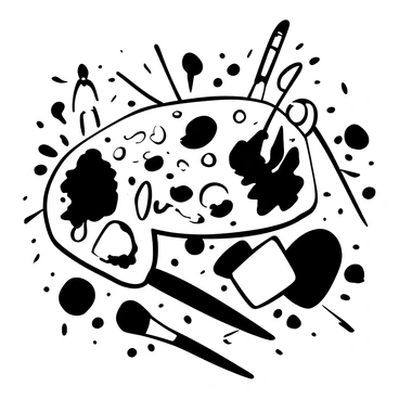 A painter's palette filled with various shapes and sizes, displaying thick, textured strokes of paint. Bold splashes of paint radiate outward from the palette, each splash taking on a different dynamic form. A variety of brushes lay scattered around the palette, some with paint still clinging to the bristles. The background consists of messy paint stains and drips, creating an energetic composition.