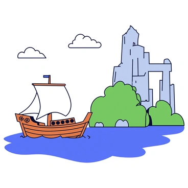 A wooden ship with billowing white sails is sailing across a calm sea. The ship has intricate carvings on its bow and a weathered hull that shows signs of age. In the background, an ancient and mysterious sea ruin rises majestically from the water, partially submerged and covered in green moss. The ruins consist of towering stone columns and crumbling walls, hinting at a long-lost civilization. The sky above is clear with a few fluffy white clouds, adding to the sense of adventure and exploration.