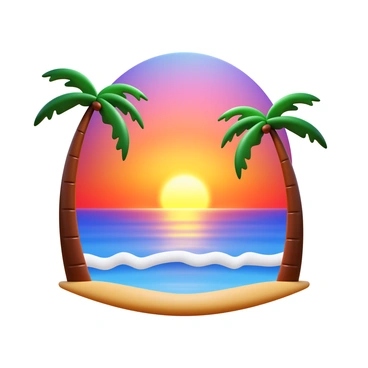 A beach scene with soft sand and gentle waves. Palm trees standing tall, their leaves providing a silhouette against the sky. The sky is filled with vibrant colors of orange, pink, and purple as the sun sets on the horizon. The fading light reflects off the water, creating a glowing effect on the surface.