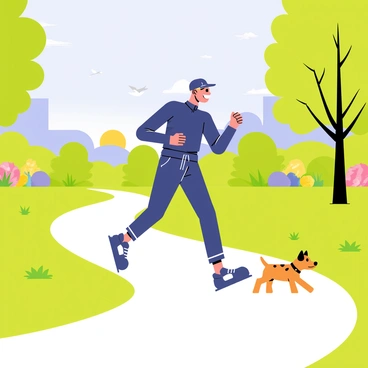 A man resembling "Ted Lasso" is jogging through a scenic park during the early morning. The park features a winding path lined with vibrant green grass and colorful flower beds. The sky is a soft blue with hints of orange and pink as the sun rises on the horizon. There are tall trees providing shade along the path, and a few birds are flying in the background. "Ted Lasso" is wearing a navy blue tracksuit and a cap, with a cheerful expression on his face as he runs, enjoying the fresh morning air. A small dog is playfully chasing after him on the path.