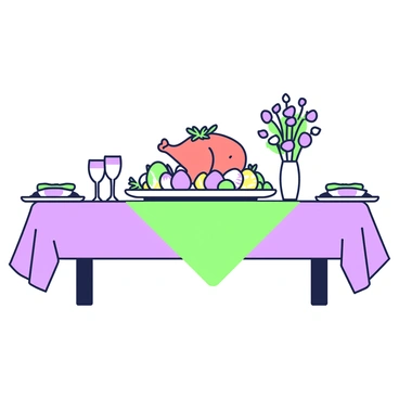 A dining table is set for a traditional Easter feast. In the center, there is a large roast placed on a decorative platter, garnished with fresh herbs. Surrounding the roast, several colorful, decorated eggs are arranged on a smaller plate. The tablecloth is elegantly draped, with a few spring flowers in a vase at one end. On either side of the roast, there are plates, forks, and glasses ready for guests. A napkin is neatly folded next to each plate. The atmosphere reflects a festive celebration.
