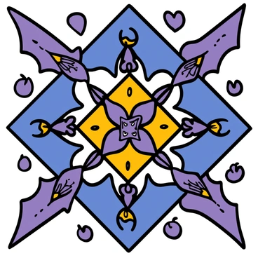 An intricate mosaic made up of various bat shapes and sizes, arranged in a geometric Art Deco pattern. The bats have detailed, stylized wings and expressive faces. The mosaic features a vibrant color palette, with deep blues, rich purples, and metallic gold accents throughout. The arrangement creates a sense of rhythm and symmetry, with some bats facing left and others facing right, all neatly fitting into the overall design. The background is a contrasting light color that enhances the richness of the bats and the intricate patterns they form together.