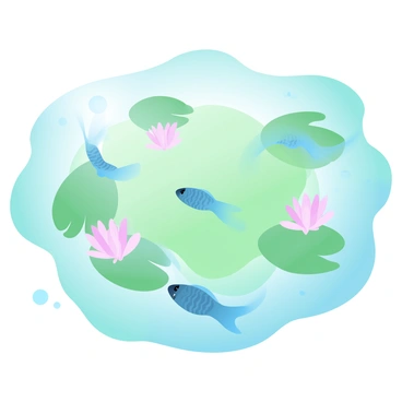 A vibrant green algae bloom covers the surface of a pond, creating a thick layer that appears almost like velvet. Below the surface, several fish with various colors and patterns are swimming gracefully, their bodies gliding through the clear water. Sunlight filters down, casting soft reflections and creating a gentle play of light. Lily pads are scattered across the pond, with a few delicate pink flowers resting atop them. Small ripples form around the fish as they move, disrupting the algae layer in a subtle dance.