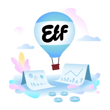 A colorful hot air balloon with an "ETF" logo is floating gently above a landscape filled with various financial graphs. The graphs are displayed on large paper sheets scattered across the ground, showcasing rising line graphs and pie charts in vibrant shades. The sky is a gradient of pastel colors, with soft pinks, blues, and yellows blending together to create a serene atmosphere around the balloon. The landscape below is dotted with stacks of coins and currency notes to emphasize the financial theme.