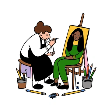 A portrait artist with light skin and curly brown hair is focused on capturing the likeness of a model on a 1/3 illustration board. The artist is wearing a white shirt and black apron, holding a pencil in one hand and looking intently at the model. The model has medium skin and long straight black hair, sitting on a stool with a neutral expression. The setting includes an easel with the partially finished portrait visible, and various art supplies scattered around, including brushes and colored pencils.