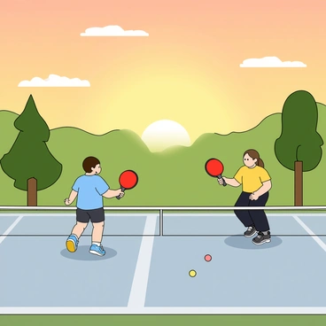 An outdoor pickleball court bathed in soft, warm light from the early morning sunrise. The sky is filled with shades of orange, pink, and yellow as the sun begins to rise on the horizon. On the court, two players are engaged in a friendly game, one wearing a light blue shirt and the other in a bright yellow shirt. Each player has a paddle in hand and is in motion, ready to hit the ball. The court surface is smooth and shiny, and there are a few green trees visible in the background, adding to the peaceful morning atmosphere. The net is set in the middle of the court, and a few colorful pickleballs are scattered nearby.