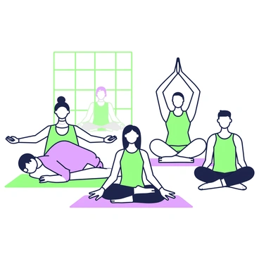 A group of people in a yoga class performing deep breathing exercises on mats