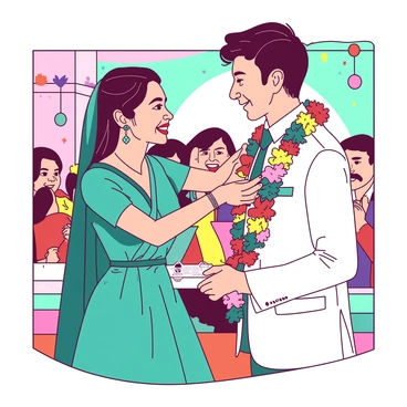 A teal bride wearing a beautiful traditional dress is standing beside a white groom dressed in a formal suit. They are exchanging flower garlands made of vibrant flowers, with the bride gently placing a garland around the groom's neck. The ceremony is set outdoors with colorful decorations surrounding them, and the expressions on their faces are filled with joy and love. Guests can be seen in the background, smiling and capturing the moment.