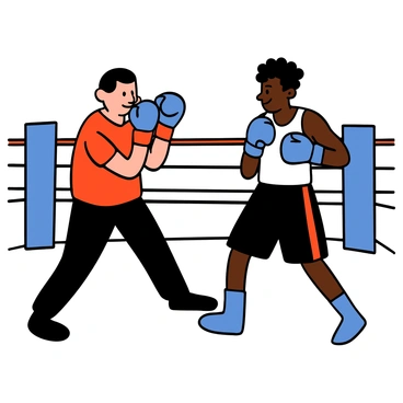 A coach with light skin and short black hair is demonstrating proper sparring technique. He is wearing a red training shirt and black athletic pants. The eager amateur boxer, with medium skin and short curly hair, is wearing blue boxing gloves and a white sleeveless shirt. The coach is in a fighting stance, showing the boxer how to position his feet. The boxer is focused, watching intently with determination in his eyes. They are in a gym, with a boxing ring visible in the background.