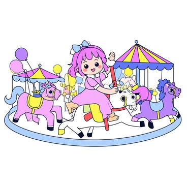 A chibi anime girl with large expressive eyes and colorful hair is seated on a brightly painted horse of a merry-go-round. She is wearing a pastel-colored dress adorned with bows and frills. The merry-go-round features various whimsical animals, all decorated with vibrant patterns. The carnival setting includes colorful tents and balloons in the background. The scene captures the girl's joyful expression as she enjoys the ride, with her hair gently blowing in the breeze.