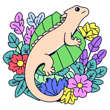 A crested gecko with distinct ridges along its back is climbing on a large green leaf. The gecko has a light beige body with darker patterns blending into its skin. Surrounding the gecko is a vibrant habitat filled with lush, colorful plants. Brightly colored flowers in shades of red, yellow, and purple are scattered throughout the area. Textured foliage ranges from smooth, glossy leaves to rough, spiky plants. The background features a mix of different greens, creating a lively and dynamic environment.