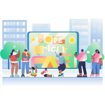 A large public art installation is located in a bustling city square surrounded by modern buildings. The installation features a colorful mural with the words, "Hope is Here," prominently displayed in bold letters. The mural incorporates vibrant shades of blue, yellow, and green, blending together into a soft gradient. In front of the mural, several people of diverse ethnicities are gathered, some taking photos while others are engaged in conversation. A few children are playing nearby, pointing and laughing at the colorful artwork. The scene is filled with natural light, creating a bright and inviting atmosphere.