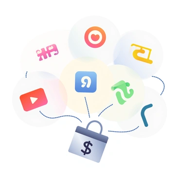 A collection of colorful icons representing various subscription services is displayed prominently in the center. Each icon is uniquely designed, showcasing recognizable logos of popular services such as a red streaming platform, a blue music service, and a green fitness app. Below these icons, there is a sleek, silver payment gateway symbol that connects them. Thin, curved lines in a gradient of soft colors link each icon to the payment gateway, illustrating the flow of transactions. The background features a subtle gradient transitioning from light grey to soft white, creating a modern and clean aesthetic.