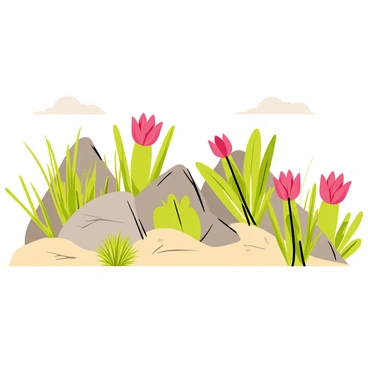 A fynbos ecosystem featuring various characteristic plants such as proteas with large, vibrant pink flowers, and restios with slender, grass-like leaves. The rocky terrain includes rugged boulders and patches of sandy soil, interspersed with clusters of succulents. The scene is filled with diverse shrubbery reflecting the unique biodiversity of the fynbos. The sky above is clear with a few fluffy clouds.