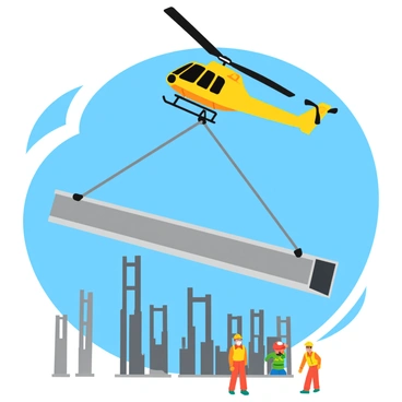 A KMAX helicopter with a bright yellow body and visible rotor blades is hovering above a construction site. Below, it is lifting a large, metallic steel beam with a strong cable attached, showcasing the beam's shiny silver surface. The construction site features the skeletal framework of a skyscraper, with several beams and columns already in place, and workers wearing safety helmets can be seen observing the operation. The sky is clear blue, creating a vibrant backdrop for this busy construction scene.