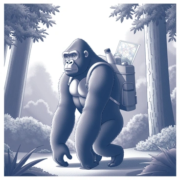 A gorilla stands upright in a dense forest, its muscular build clearly defined. The gorilla is wearing a sturdy backpack secured to its back with straps. The backpack is filled with various exploration gear, including a water bottle and a map peeking out from the top. The background is filled with thick, leafy trees and various shades of textured foliage, creating an immersive natural environment. Sunlight filters through the canopy above, casting dappled shadows on the forest floor. The gorilla has a curious expression, as if preparing to embark on an adventure.