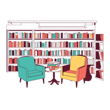 A white garage space features rows of books neatly arranged on shelves along the walls. In the center, there are two vintage reading chairs, one teal and one orange, positioned invitingly to create a cozy reading nook. A warm light fixture hangs above, illuminating the space gently. A small wooden table sits beside the chairs, holding a stack of colorful books and a steaming cup of tea. The atmosphere suggests comfort and relaxation, inviting anyone to settle in and enjoy a good book.