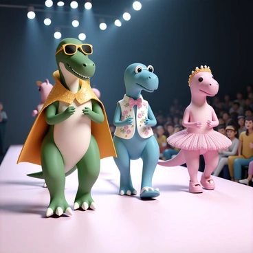 A group of colorful dinosaurs strutting down a runway. The first dinosaur, a bright green Tyrannosaurus rex, is wearing a shimmering gold cape and oversized sunglasses. Next to it, a blue Triceratops showcases a floral-patterned vest with matching bowtie. Following closely is a pink Velociraptor adorned with a glittery tutu and a sparkling tiara. Each dinosaur walks confidently, with their tails swaying and heads held high, creating a lively and vibrant atmosphere on the runway. The audience is captivated, with bright lights illuminating the scene.