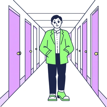 A long, narrow hallway stretches into the distance. The walls are lined with doors on either side, each with a small brass doorknob. The floor is made of polished wood, reflecting subtle light. A person, dressed in a fitted jacket and dark trousers, is walking cautiously down the hallway. Their posture is slightly hunched, and their hands are tucked into the pockets of their jacket. The expression on their face shows a hint of worry. Shadows loom around them, emphasizing the confined space and creating a feeling of tension in the atmosphere.