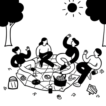A group of friends sitting on a checkered blanket spread out on a grassy area in a park. Various picnic items are scattered around, including an open basket filled with food, drinks in cups, and plates with snacks. The friends are engaged in lively conversation, some leaning back while others are sitting up, with their hands in animated gestures. Trees provide shade nearby, and there are a few scattered picnic items like frisbees and a guitar lying on the grass. The atmosphere appears vibrant and cheerful, with the sun above creating a lively atmosphere.