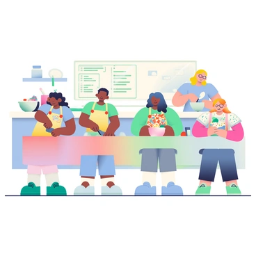 A group of four high school students are engaged in cooking and baking activities in a home economics classroom. Two students, one with curly brown hair and one with straight black hair, are standing at a counter, chopping vegetables and measuring ingredients. They are wearing matching aprons with colorful patterns. Another student with long blonde hair is mixing batter in a large bowl with a whisk, while a fourth student with glasses is carefully decorating a cake with icing. The countertops are lined with various cooking tools and ingredients, including flour, sugar, and colorful sprinkles. A whiteboard in the background displays the day's lesson plan.