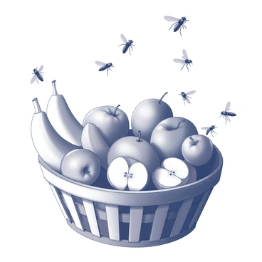 A collection of "Drosophila flies" is seen buzzing around a "basket filled with an assortment of fruits." The basket contains "ripe bananas," "juicy strawberries," "sliced oranges," and "halved apples," all arranged haphazardly. The flies are depicted in various positions, some resting on the fruits while others are mid-flight, showcasing their tiny wings. The scene captures the texture of the fruits and the delicate features of the flies in detail.
