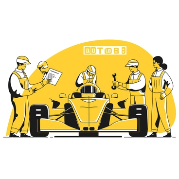 A group of engineers and mechanics gathered around a race car, focusing intently on the engine. The race car, featuring a sleek and aerodynamic design, is positioned on the pit stop with a prominent sponsor logo visible on its side. Several mechanics are wearing uniforms and helmets, tools in hand, as they work quickly to make adjustments. One mechanic is leaning over the engine bay, inspecting the internal components, while another is tightening bolts with a wrench. An additional technician is standing nearby, holding a clipboard and monitoring the team's progress. A digital timer is visible in the background, counting down the seconds of the pit stop.