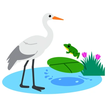 A graceful crane with long legs and a slender neck stands at the edge of a calm pond. The crane has glossy white feathers and a hint of grey on its wings. It gazes intently at a vibrant green frog that is leaping off a lily pad. The lily pad is large and round, floating gently on the water's surface. Ripples expand outward from where the frog has just jumped. Surrounding the pond are lush green reeds and delicate flowers, adding color to the serene scene.