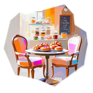 A charming café scene featuring a colorful fauteuil with intricate patterns, positioned beside a small round table. The table is topped with an assortment of delicate pastries, including fruit tarts and croissants, arranged artfully on a decorative plate. Soft morning light filters through the café windows, illuminating the inviting atmosphere. The background includes shelves lined with jars of coffee beans and a chalkboard menu displaying today's specials.
