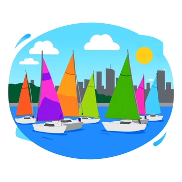 A group of colorful sailboats and sleek yachts anchored gently at the Brisbane River harbor. Each sailboat displays vibrant sails of various colors with intricate patterns. The water reflects the vivid hues of the boats and the bright blue sky above. In the background, the Brisbane city skyline rises majestically, showcasing a mix of modern skyscrapers and historic buildings. Fluffy white clouds float lazily above the skyline, adding depth to the scene. The setting sun casts a warm golden light across the harbor, enhancing the overall vibrancy of the image.