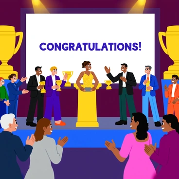 A sports awards ceremony featuring a stage adorned with golden trophies and bright spotlights. In the center, a woman stands at a podium wearing a shimmering dress, holding a trophy with a proud smile. She is surrounded by several men in formal attire, some holding their own trophies. The background includes a large screen displaying "Congratulations!" in bold letters. The audience, a mix of men and women, shows mixed reactions, with some clapping and others looking disinterested. The overall atmosphere captures the contrast of recognition and overshadowing.