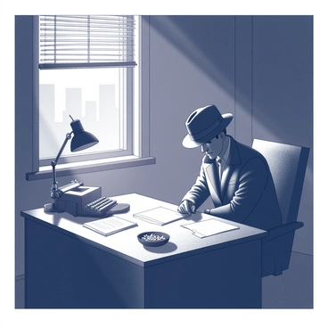 A dimly lit office filled with shadows and a sense of mystery. A detective is seated at a cluttered wooden desk, with sheets of paper and an old typewriter scattered around. He is wearing a fedora and a trench coat, his face partially obscured by the brim of the hat. The only light source is a single desk lamp casting a soft glow, creating dramatic contrasts in the scene. In the background, there is a window with blinds, allowing faint silhouettes of the city skyline to be seen outside. An ashtray filled with cigarette butts sits on the desk, adding to the atmosphere of intrigue.