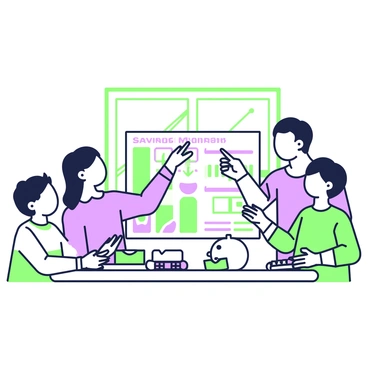 A family sits around a wooden table discussing their savings goals. The family consists of two adults and two children. The parents are pointing at a large, colorful chart laid out on the table. The chart displays various savings targets with labeled sections and graphs illustrating their progress. One child is taking notes on a pad of paper, while the other is using a calculator. In front of them, there are several envelopes and a piggy bank. The room has a bright atmosphere with sunlight coming through the window, illuminating the scene.
