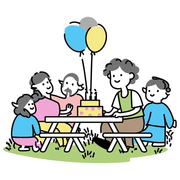 A cheerful hobbit with curly hair is sitting at a picnic table in a sunny meadow. The hobbit is wearing a green vest and brown trousers. There is a colorful birthday cake on the table, adorned with candles. Surrounding the table are several friends, including a tall elf with pointed ears wearing a blue robe and a dwarf with a braided beard dressed in a red shirt. Colorful balloons are floating above the table, tied to the picnic table. The meadow is filled with vibrant flowers and green grass under a clear blue sky.